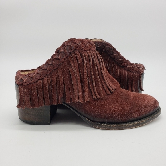 FREEBIRD women US 8 burgundy mules braid fringe suede stacked block heel leather - Picture 1 of 13